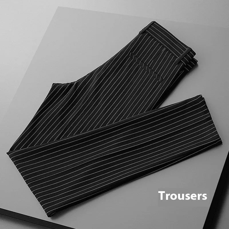 Men's loose striped suit trousers in black and white, available in both full-length and crop jeans styles
