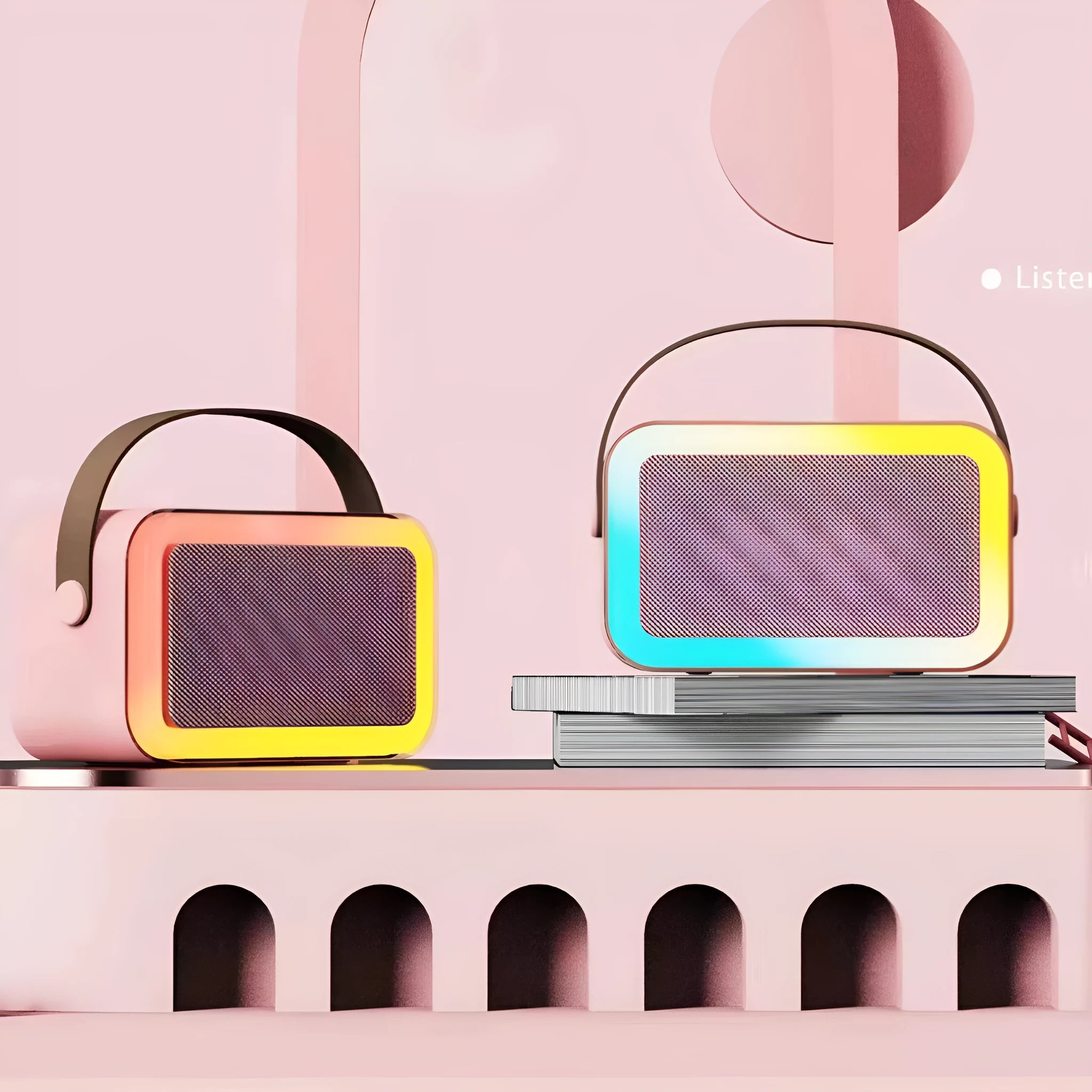 White, pink, and sky blue portable Bluetooth karaoke microphone speaker with coloured LED lights.