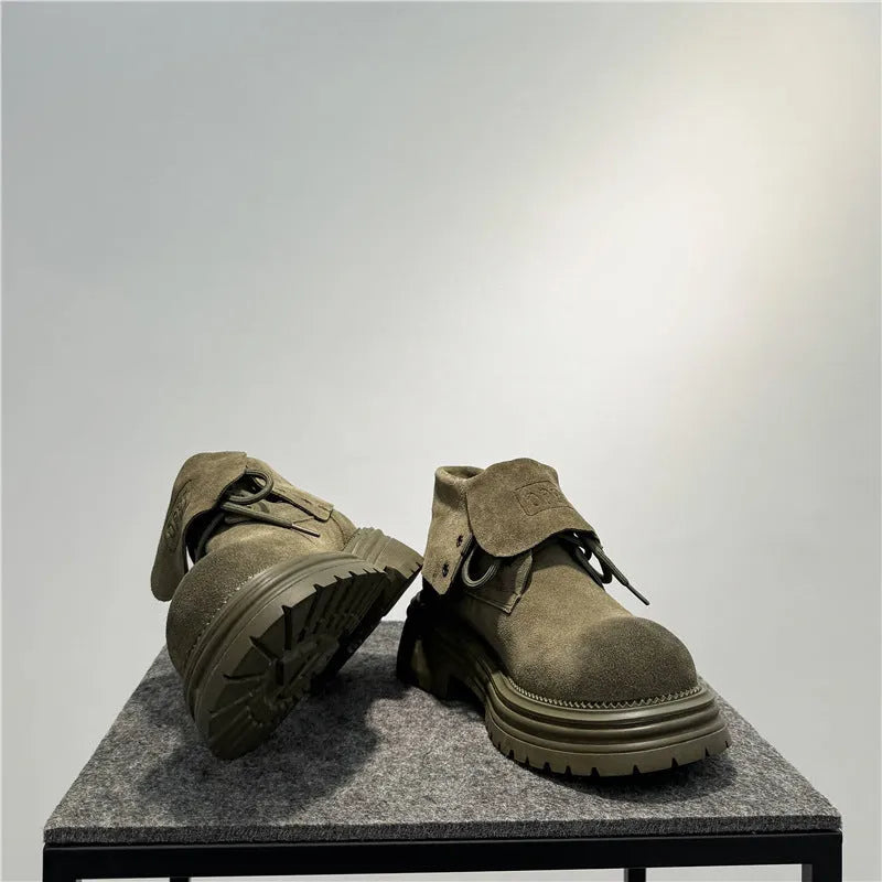 Retro distressed cow suede worker ankle boots with thick soles in camel colour.