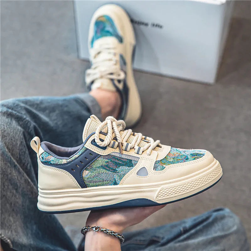 Casual flat-heel canvas shoes in beige and Milan green colours, showing round toe design.