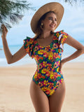 Women's one-piece swimsuit with U-shaped collar and lace design in polyester fabric