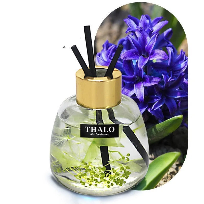Glass bottle-shaped car perfume ornament for air freshening, shown in various colour options.