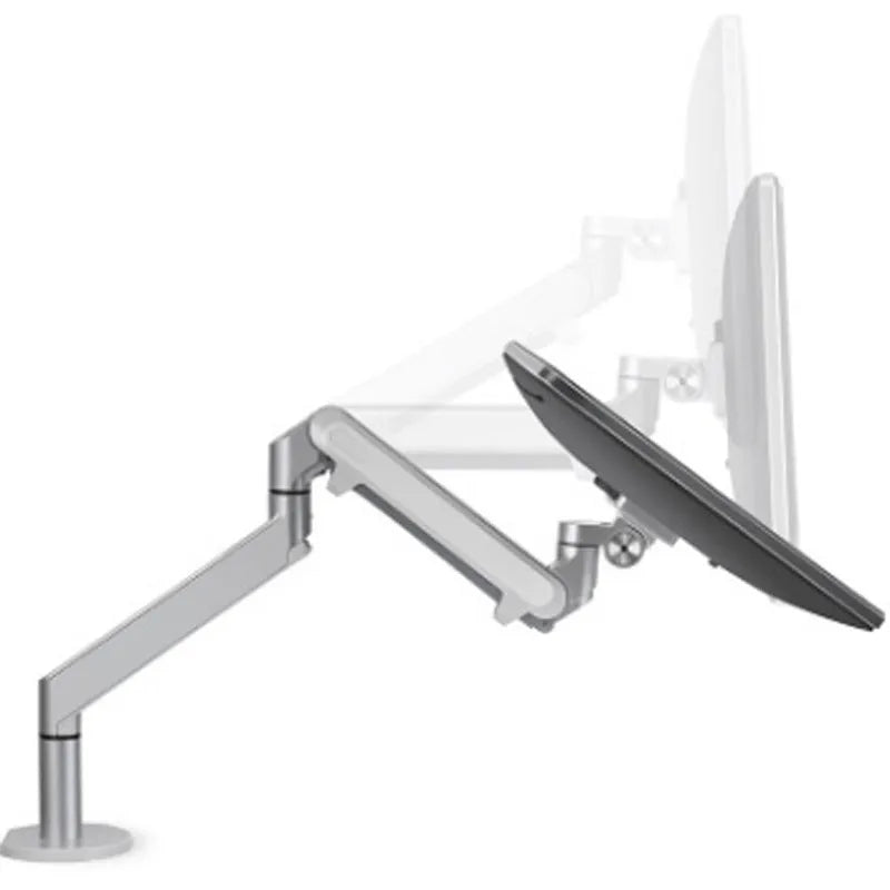 Silver aluminium free-standing laptop stand with extended telescopic arm holding a notebook.