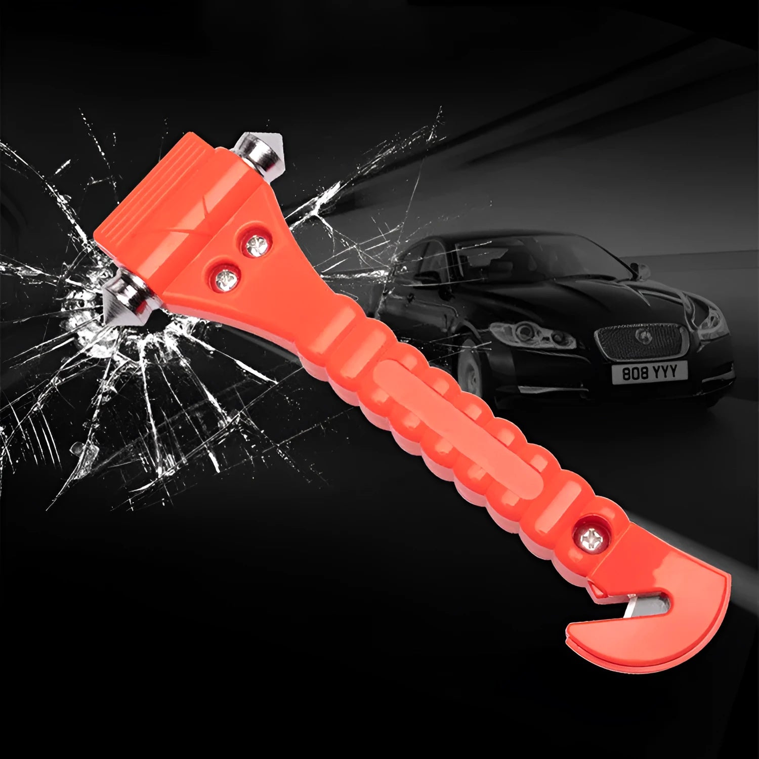 Red car emergency safety hammer with window breaker tip and seatbelt cutter.