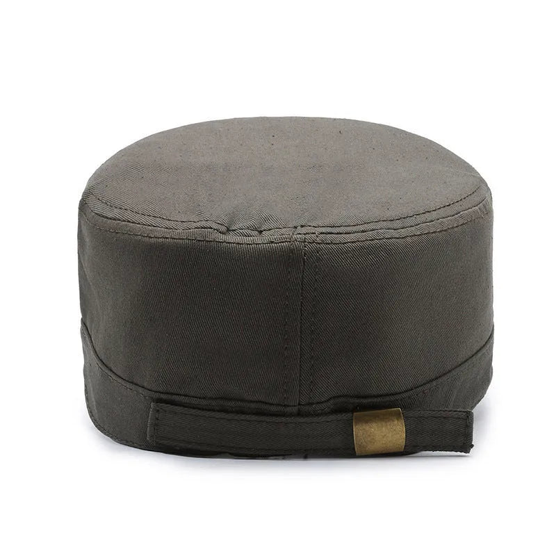 Men's flat-top peaked cotton cap in army green with an adjustable strap and dome crown.