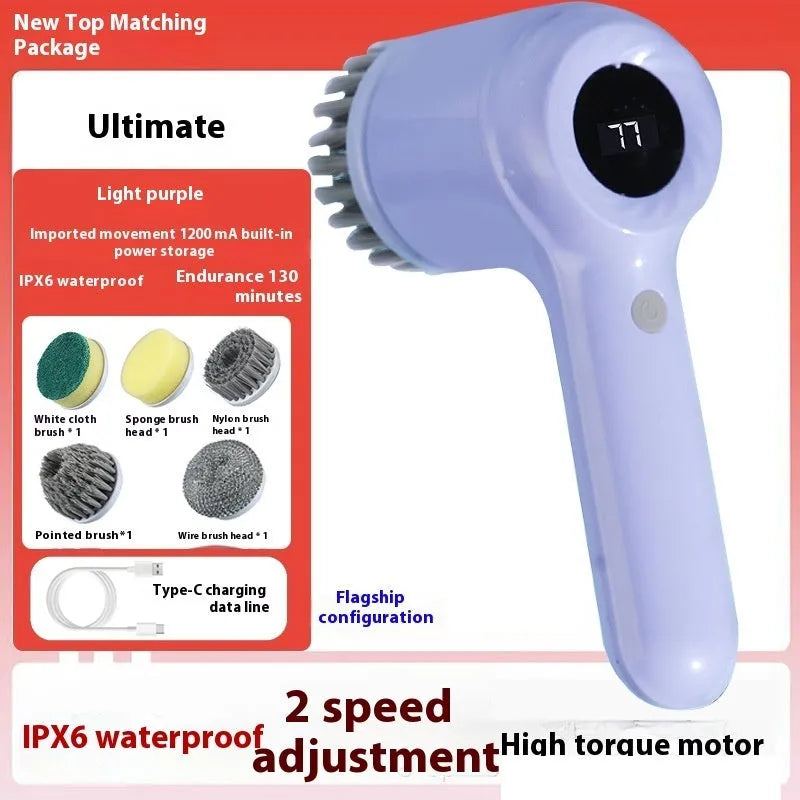 Light grey USB rechargeable electric cleaning brush with multiple interchangeable cleaning heads for kitchen use