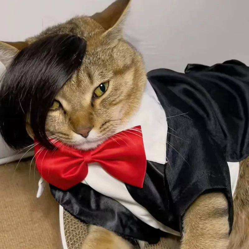 Black polyester fox braid wig for cats on a white background.