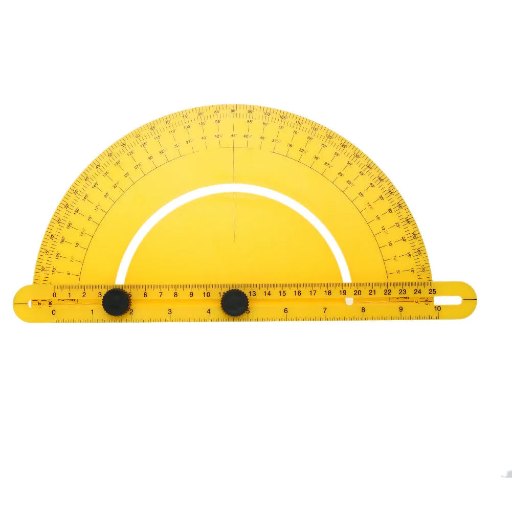 Plastic carpentry angle ruler tool with 180 degree measuring arm and scale board for woodworking