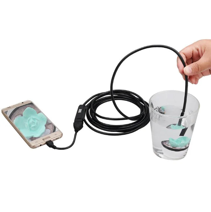 OWSOO USB endoscope camera with 5m cable, 6 LEDs, and hook/magnet attachments for phone and computer inspection.