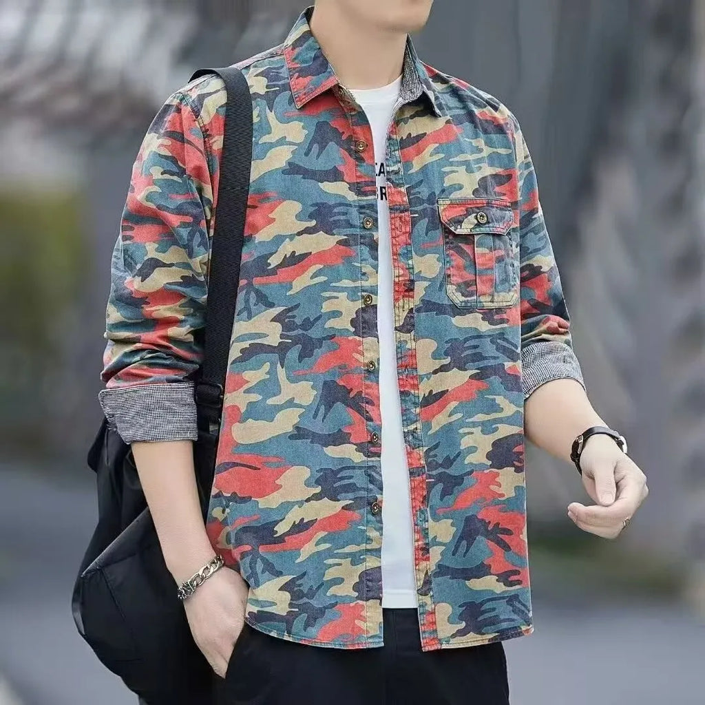 Men's retro loose camouflage jacket, long sleeve cardigan, cotton blend, Green colour