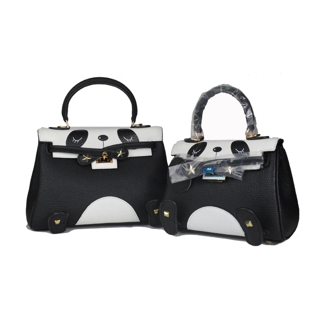 Panda print cow leather handbag in horizontal square shape, shown in two sizes on a neutral background.