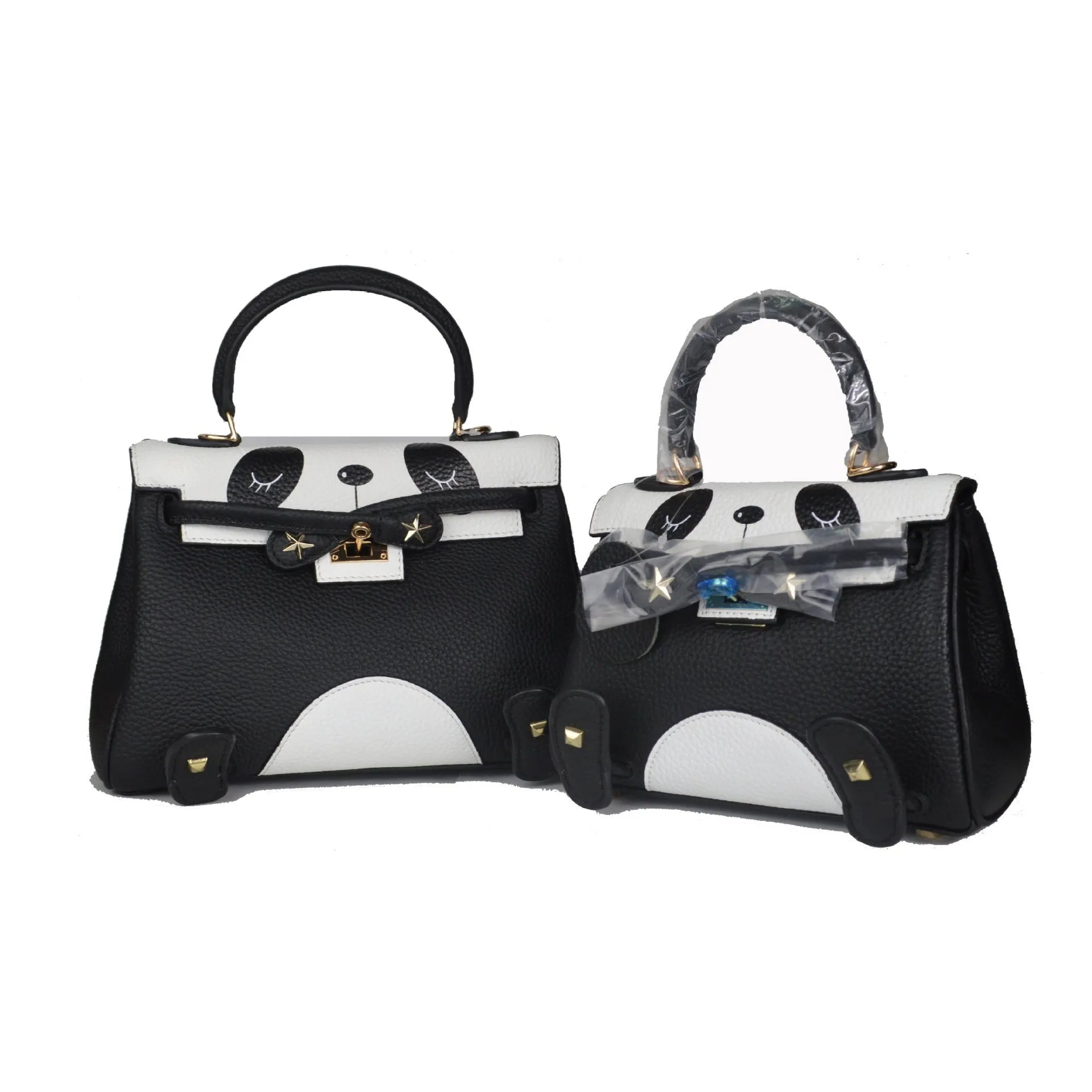 Panda print cow leather handbag in horizontal square shape, shown in two sizes on a neutral background.