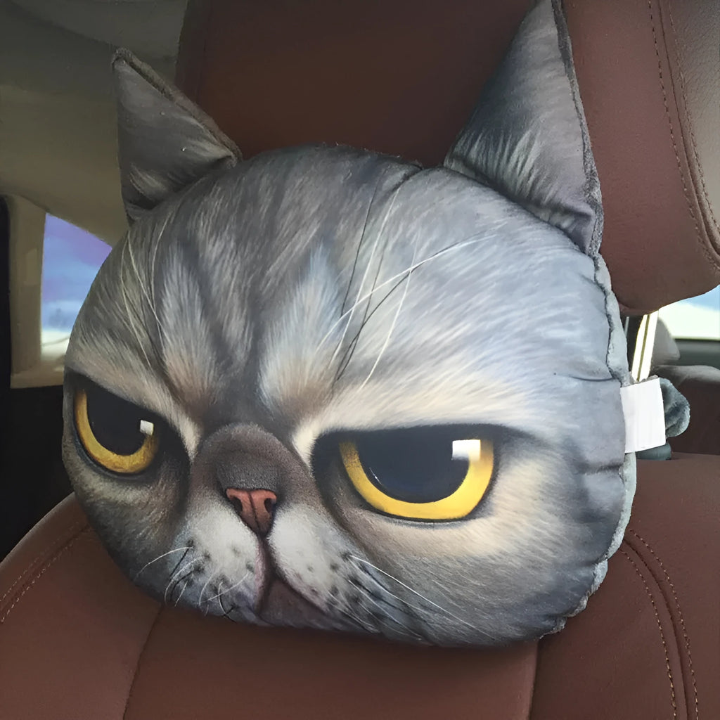Cat car headrest pillow with cartoon print, oblong shape, removable cover for adult seat