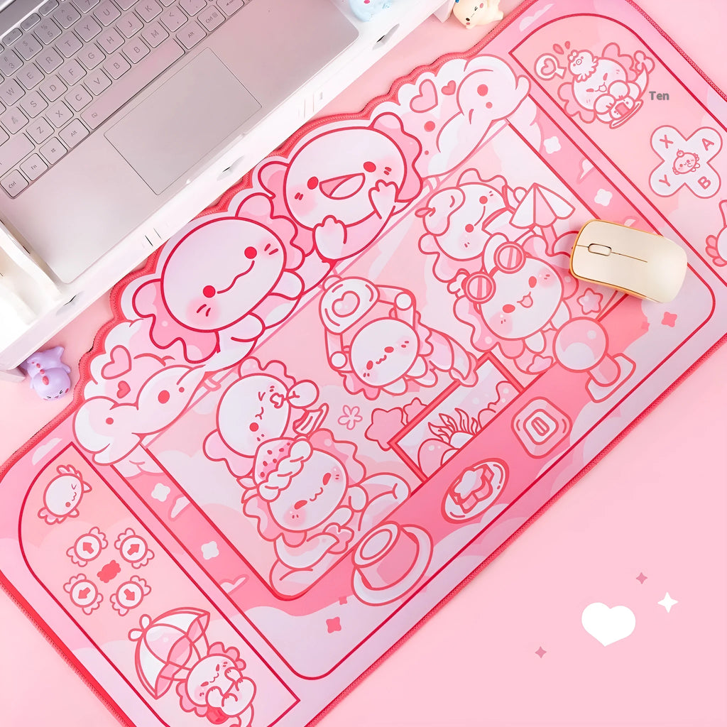 Large rectangular mouse pad with hexagonal crane machine and dragon doll cartoon print, measuring 75 by 40 centimetres.