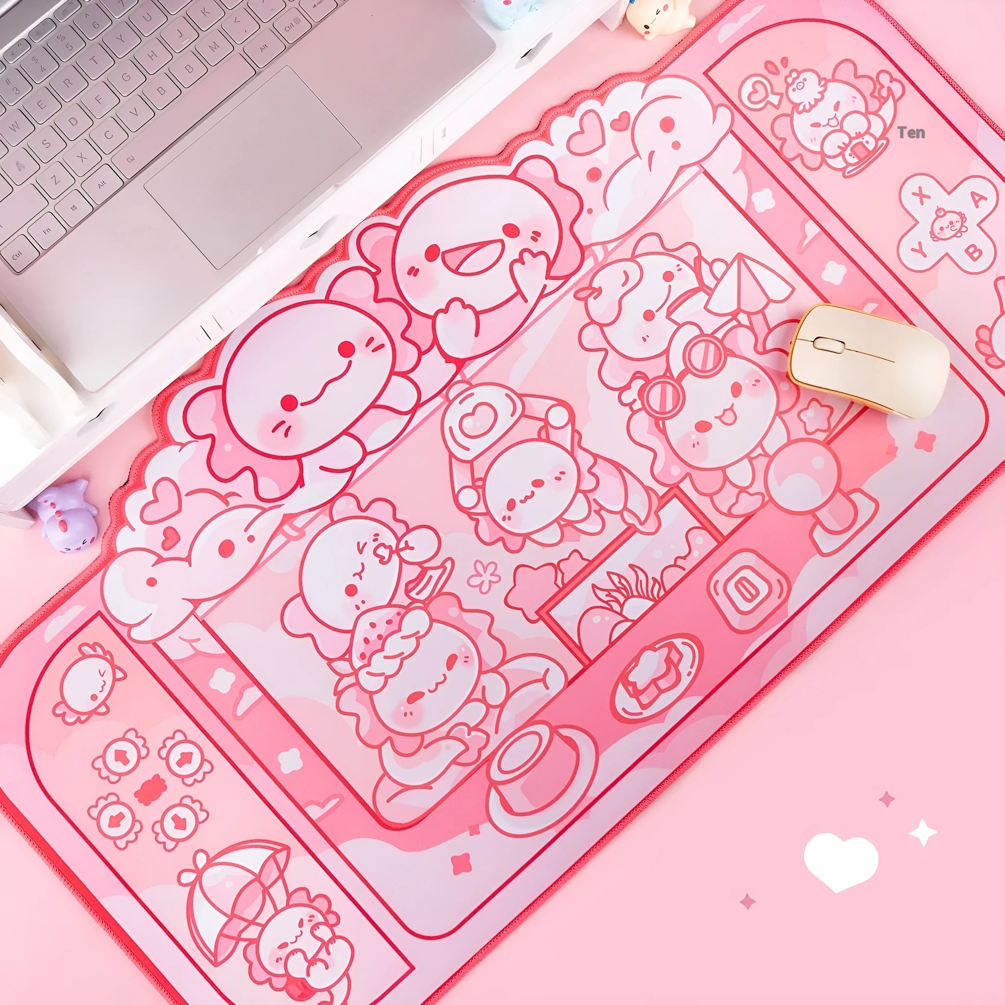 Large rectangular mouse pad with hexagonal crane machine and dragon doll cartoon print, measuring 75 by 40 centimetres.