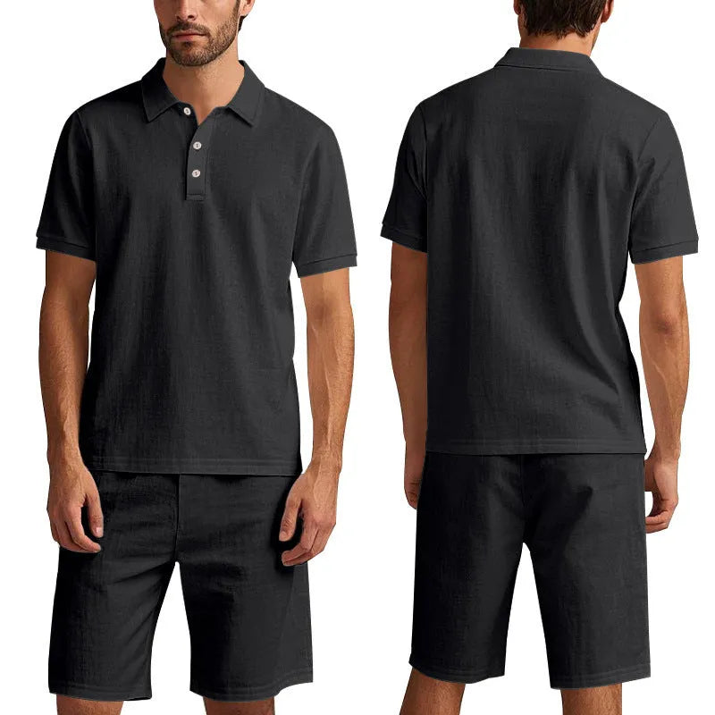 Men's light grey linen-blend short sleeve shirt and matching shorts for summer casual wear.
