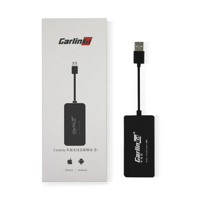 Black wireless CarPlay USB dongle adapter for iPhone and Android car stereo connectivity