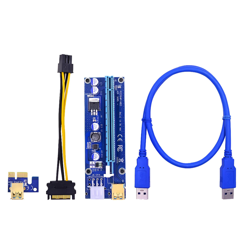 PCI-E 1X to 16X extension cord adapter with 60cm cable, gold-plated USB 3.0 interface, and blue LED indicator