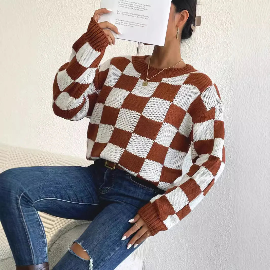 Dark brown acrylic pullover sweater with a chessboard plaid pattern, loose fit, and round neck.