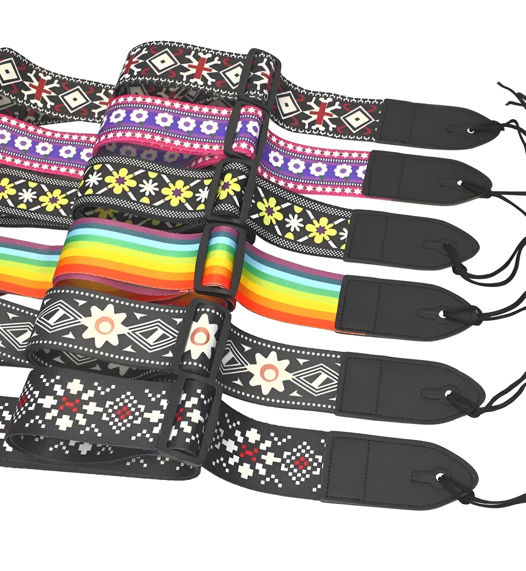 Printed cloth guitar strap with colourful pattern options on electric guitar