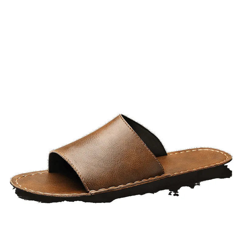 Men's brown leather casual sandals with rubber soles for spring and summer outdoor wear