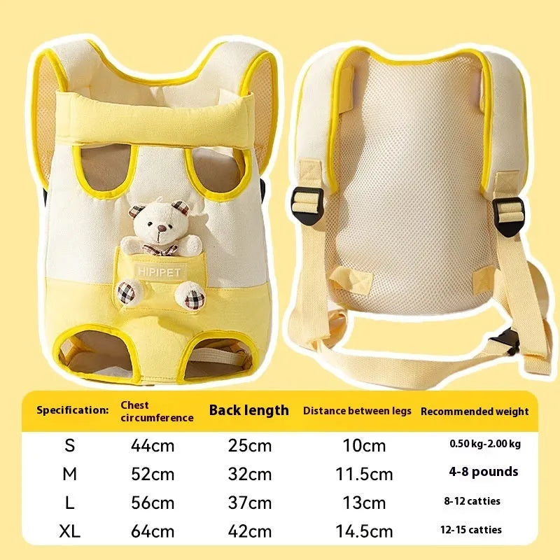 Cartoon animal pattern pet chest bag in soft canvas with decorative ribbon details