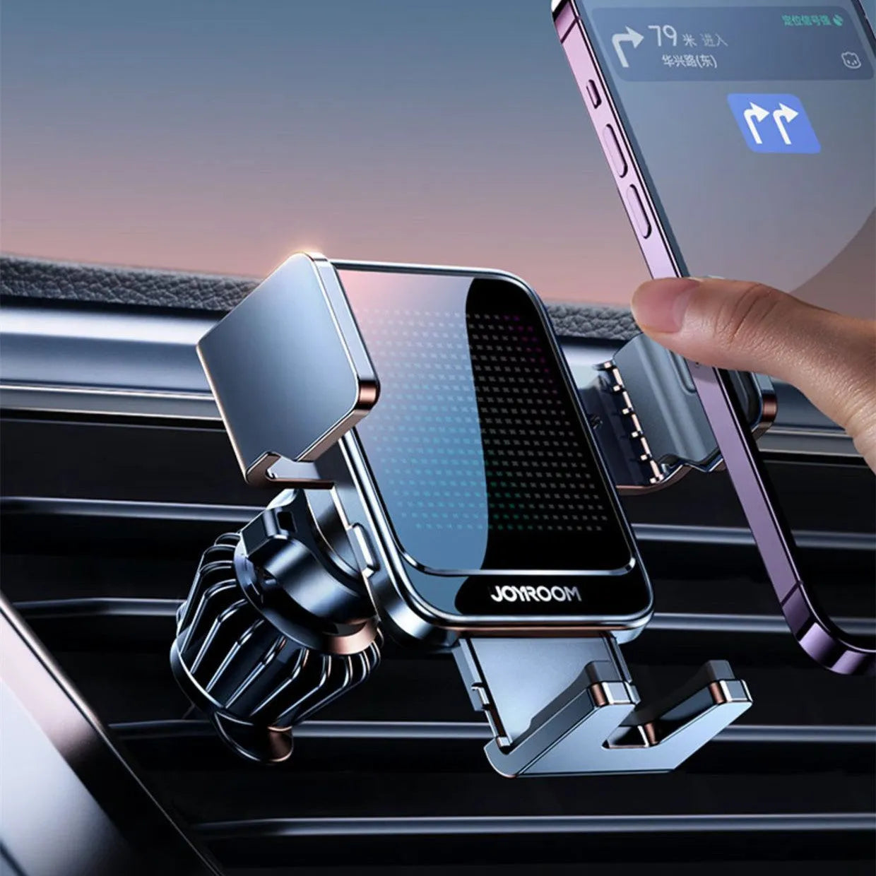 Black car wireless charging bracket with automatic opening mechanism mounted on car vent