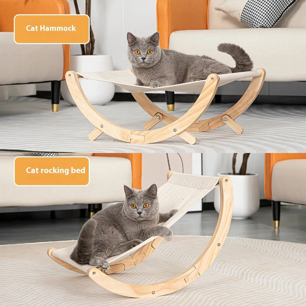 Solid wood frame foldable cat hammock with canvas fabric and grey plush cushion