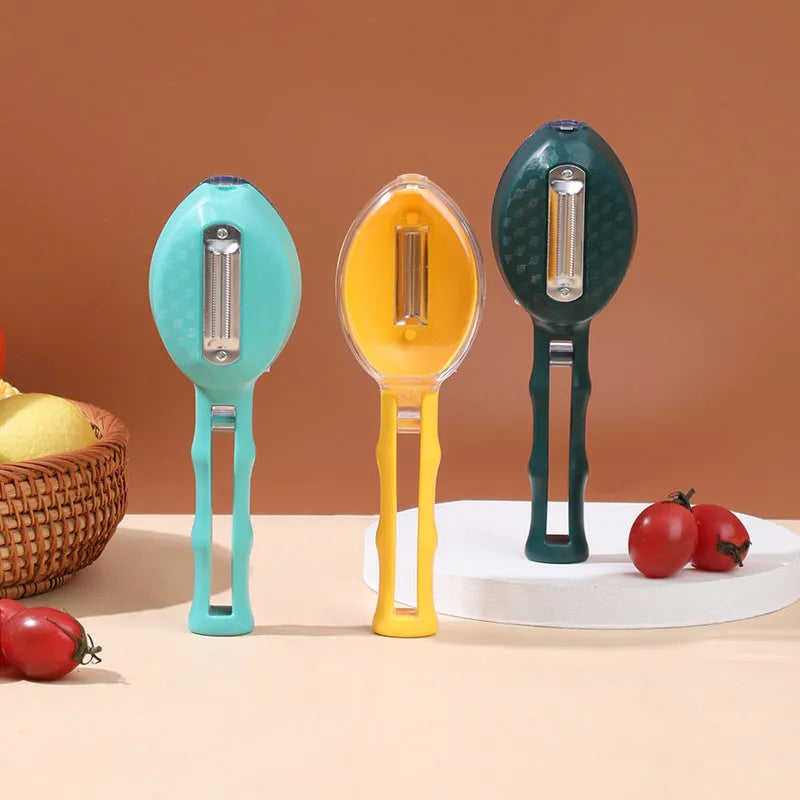 Yellow peeling knife with a storage lid on a kitchen counter