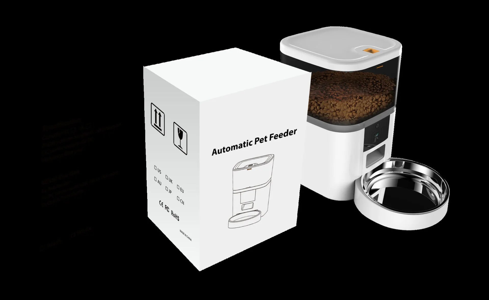 Adjustable performance pet feeder with video camera, transparent barrel, 4L capacity, black colour, for dogs and cats