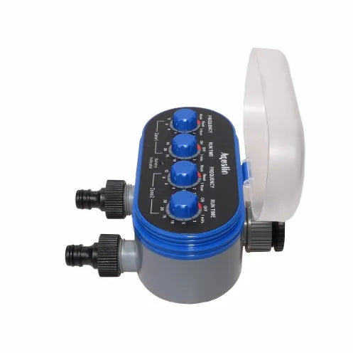 Dual timed irrigation controller with battery compartment for automatic garden watering systems