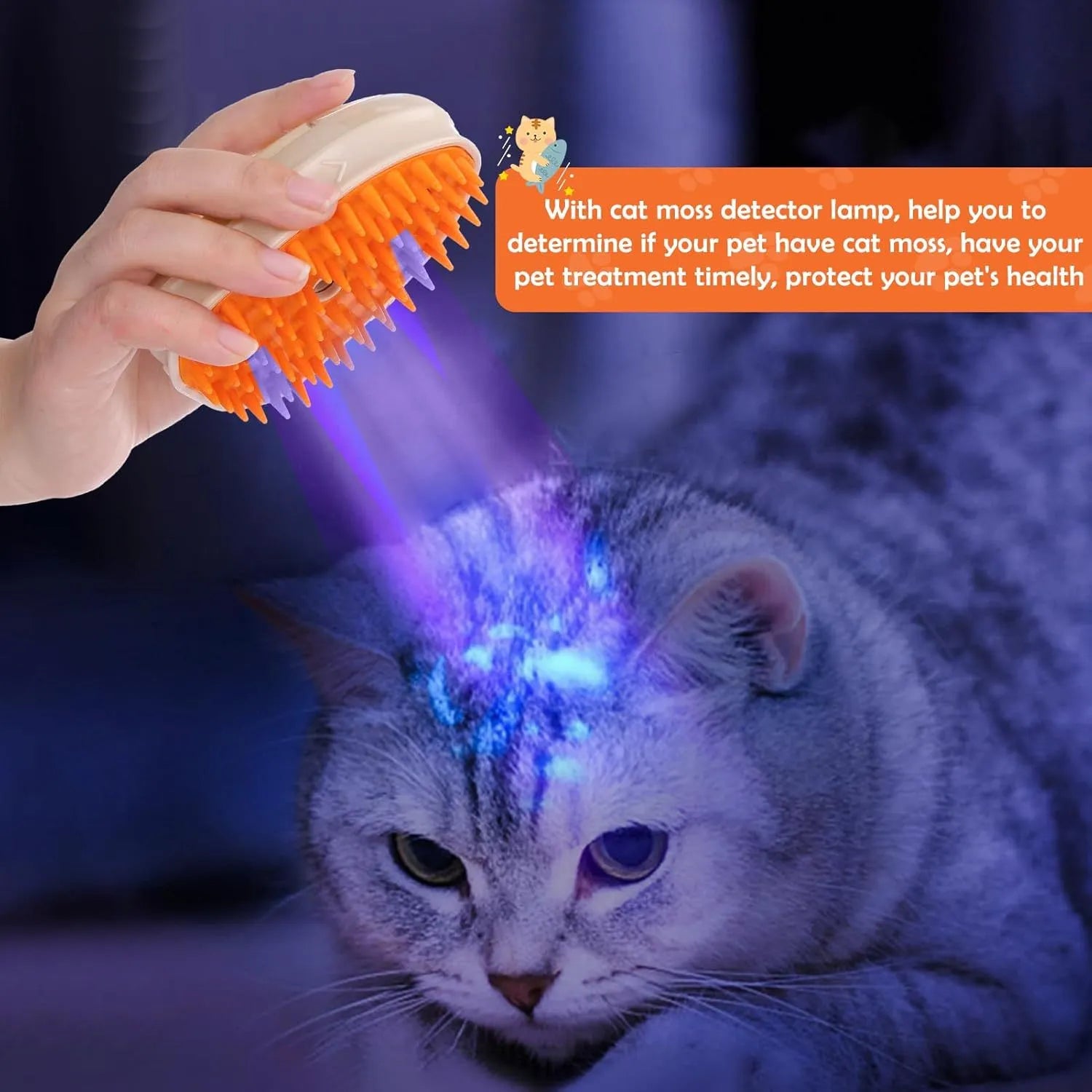 Yellow rechargeable cat steam brush with silicone teeth, water tank, and UV lamp for pet grooming.