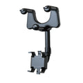 Black rearview mirror car phone holder with retractable arm and 360-degree rotating phone clamp.