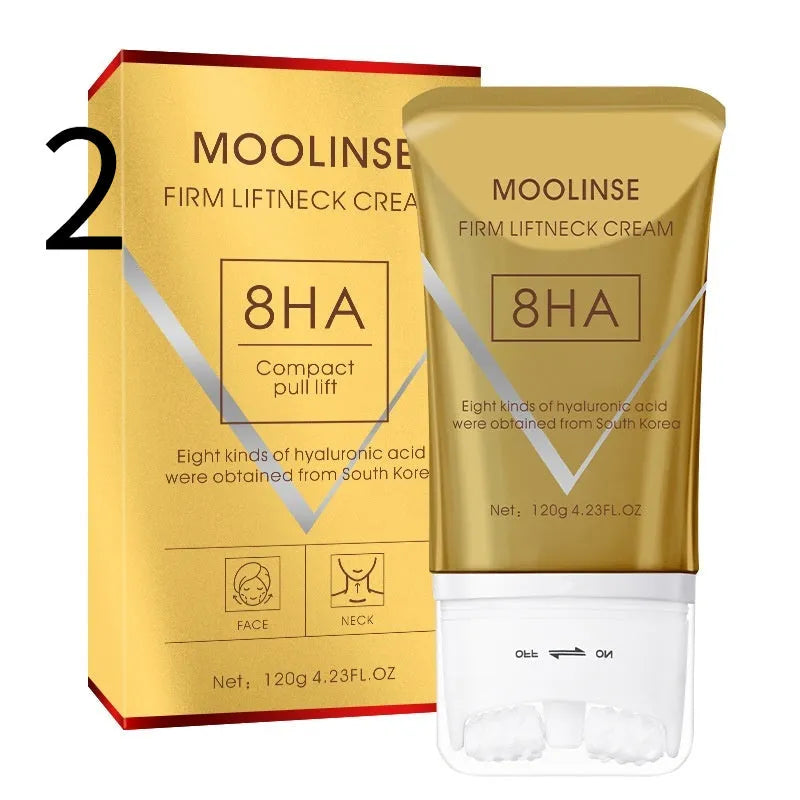 Neck cream tube with integrated roller massage applicator for dry skin hydration