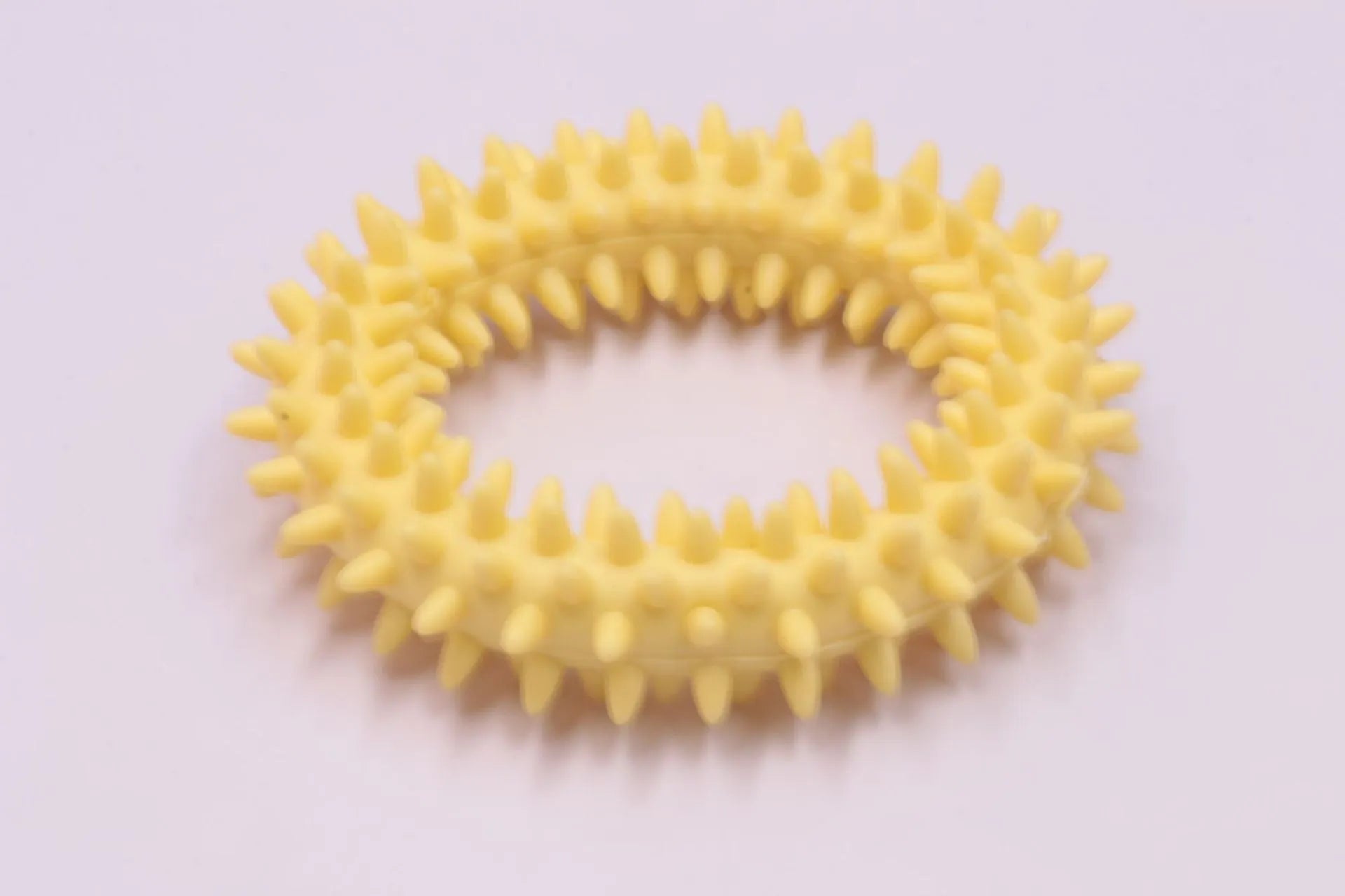 Blue TPR spiky circle ring dog chew toy for teeth cleaning on a white background.