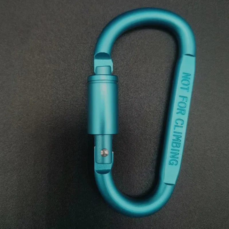 D-type aluminium locking carabiner in a selection of ten colours on a grey background.