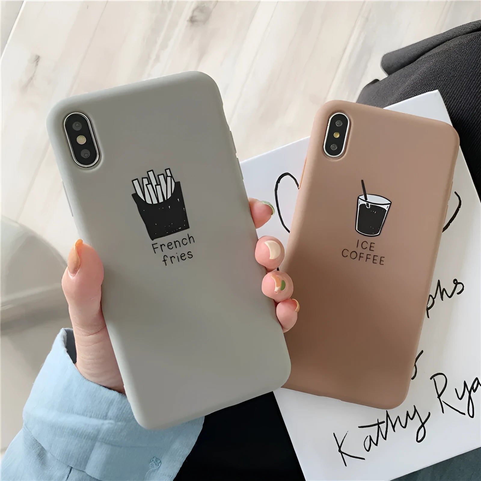 Soft matte silicone iPhone case showing cute ice coffee and french fries couple patterns.