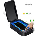 A compact blue and white UV disinfection box open, showing the interior chamber sized for a mobile phone.