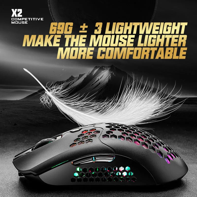 Free Wolf X2 wireless gaming mouse in black with RGB lighting, shown on a mouse mat
