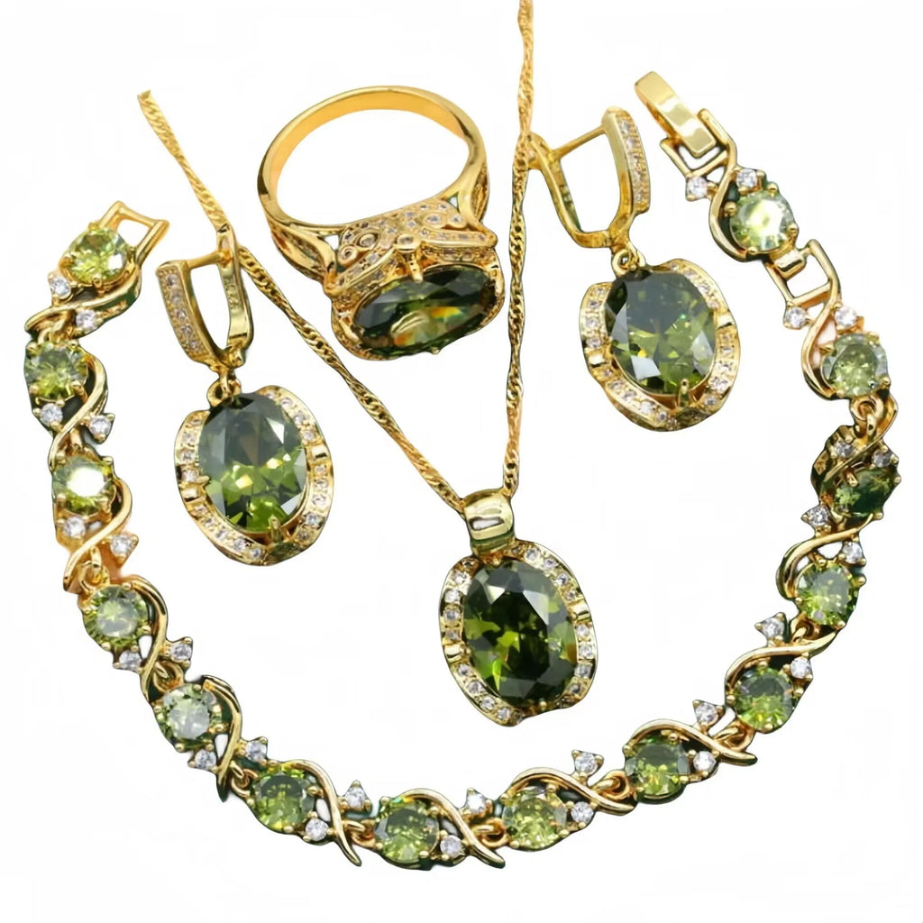 Women's zircon jewellery set with rhinestone decoration on snake bones chain in olive green colour