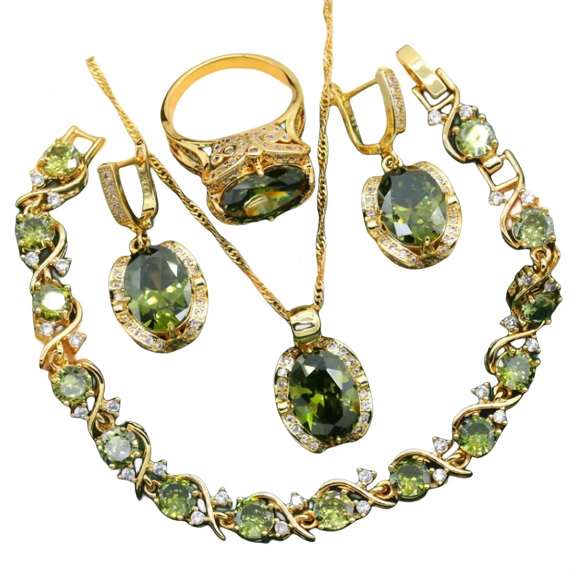 Women's zircon jewellery set with rhinestone decoration on snake bones chain in olive green colour