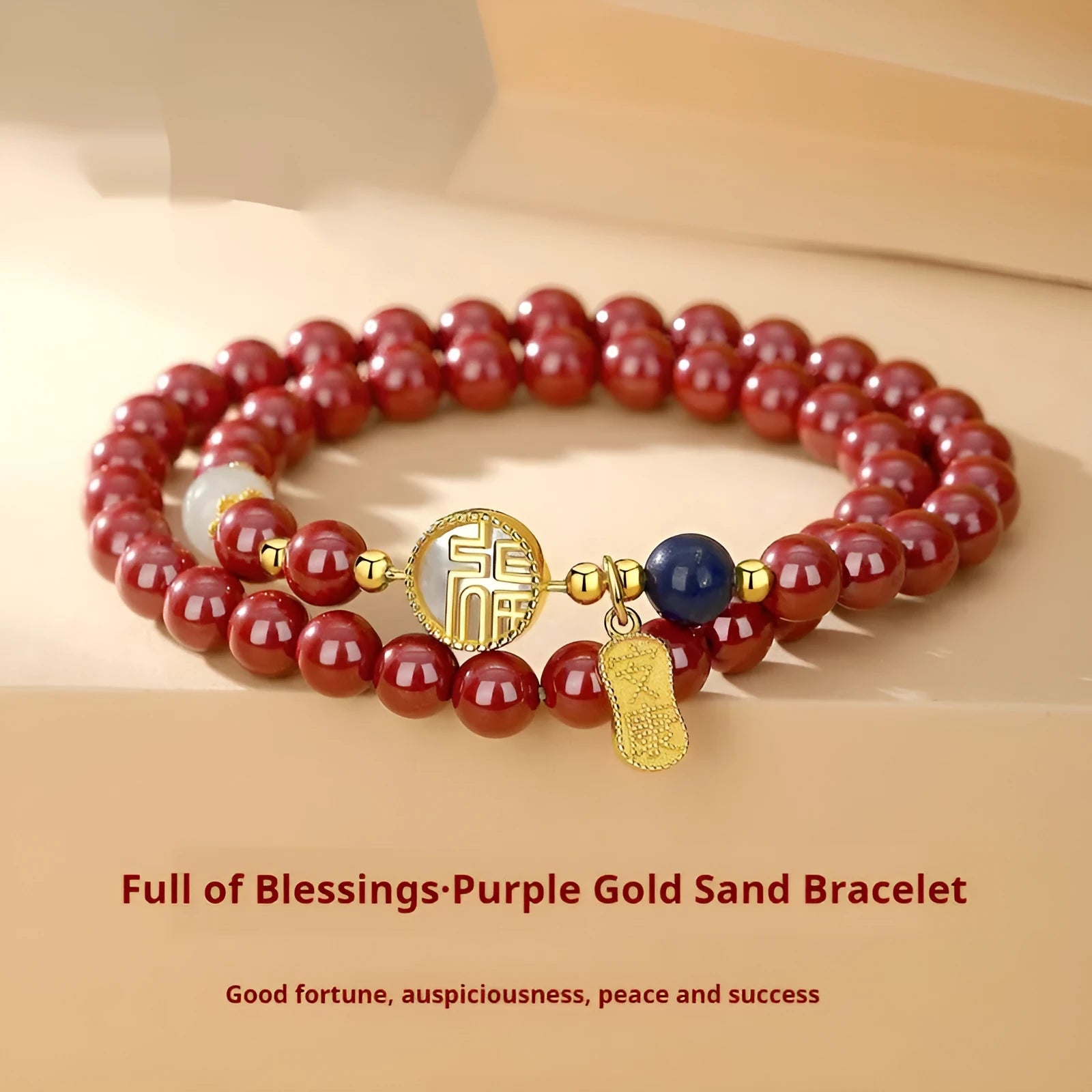 Close-up of a women's 925 sterling silver bracelet with a purple gold sandstone blessing charm and 6mm beads.
