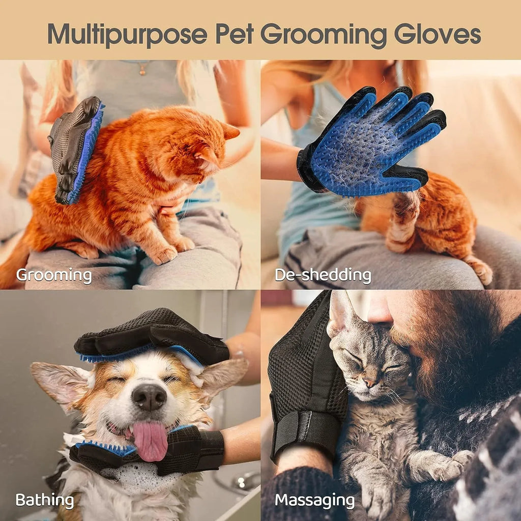 Blue pet grooming glove with silicone tips for shedding removal and gentle massage.