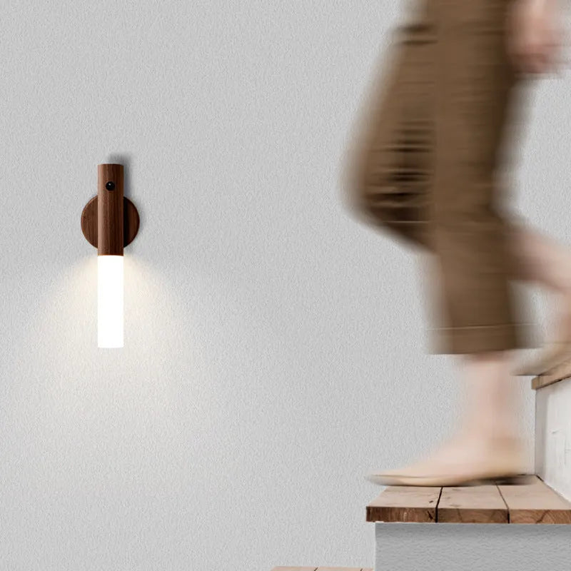 Wood and glass sensor LED desk lamp showing compact dimensions and contemporary design