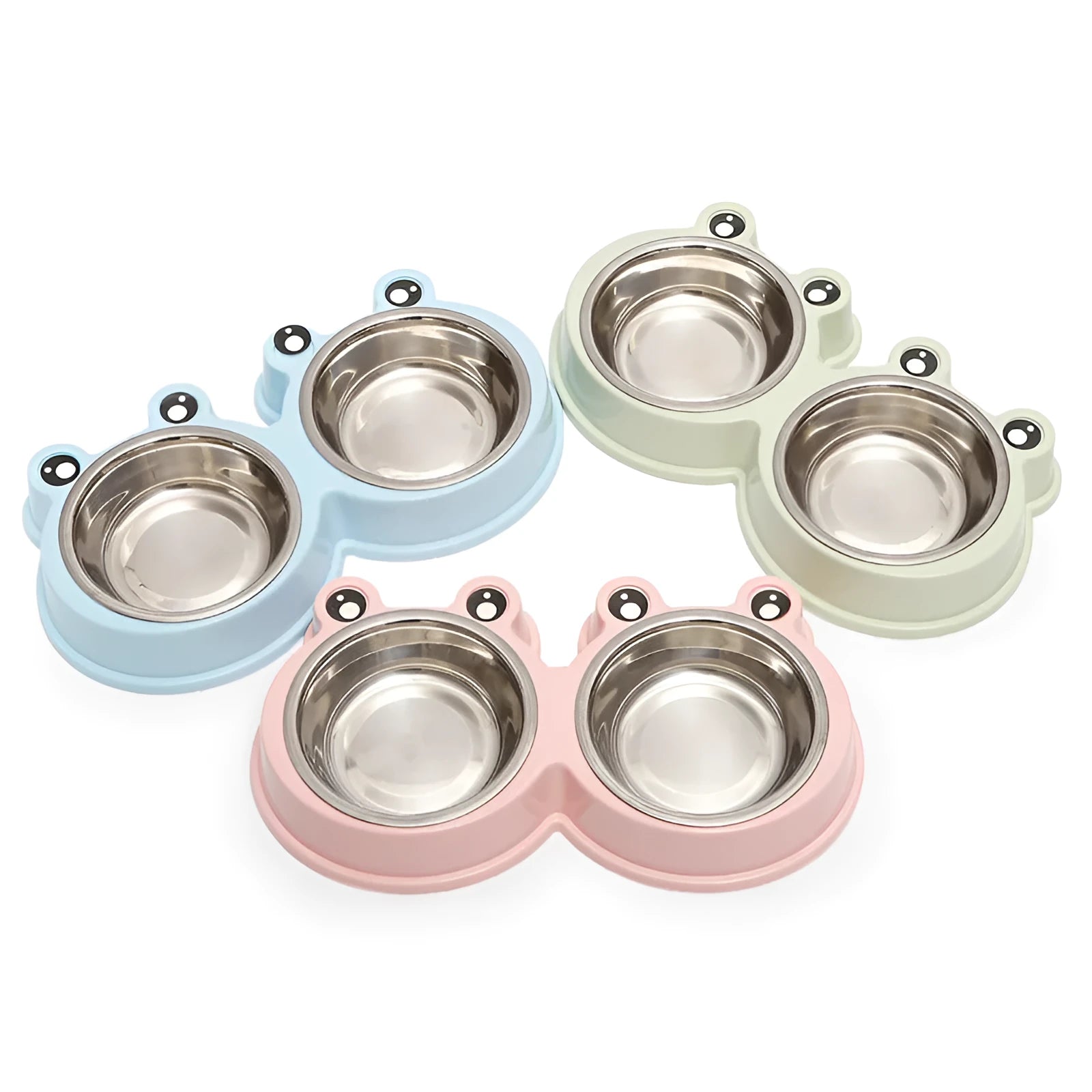 Stainless steel double compartment pet bowl for food and water on a silicone non-slip base.
