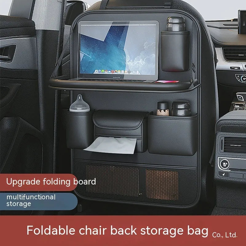 Leather car seat storage bag with fold-out table in black, grey, green, or brown