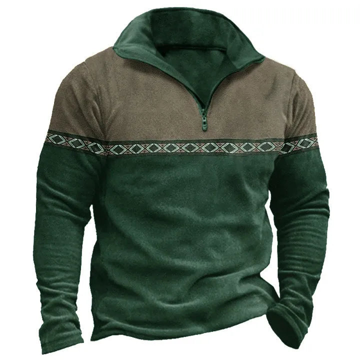 Retro patchwork pattern on a zip-front polo shirt sweater in a cotton blend fabric.