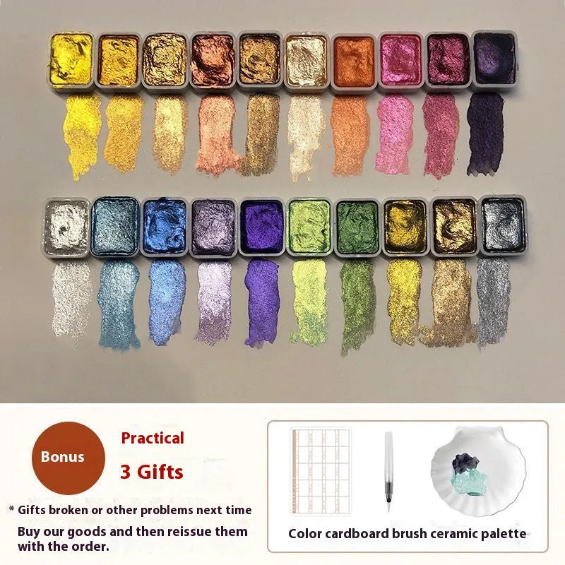 Traditional Chinese painting watercolour set showing 20 pots of mineral pearlescent paints including red and white gold metallics.