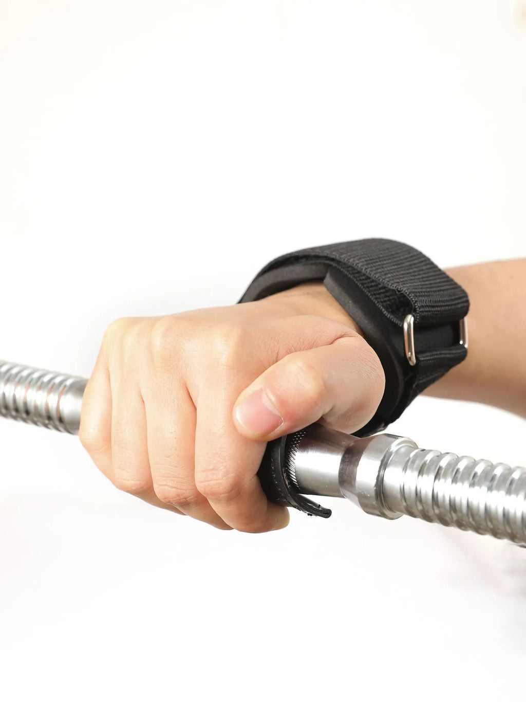 Black rubber weightlifting palm grips and assist belt set for barbell pulls.
