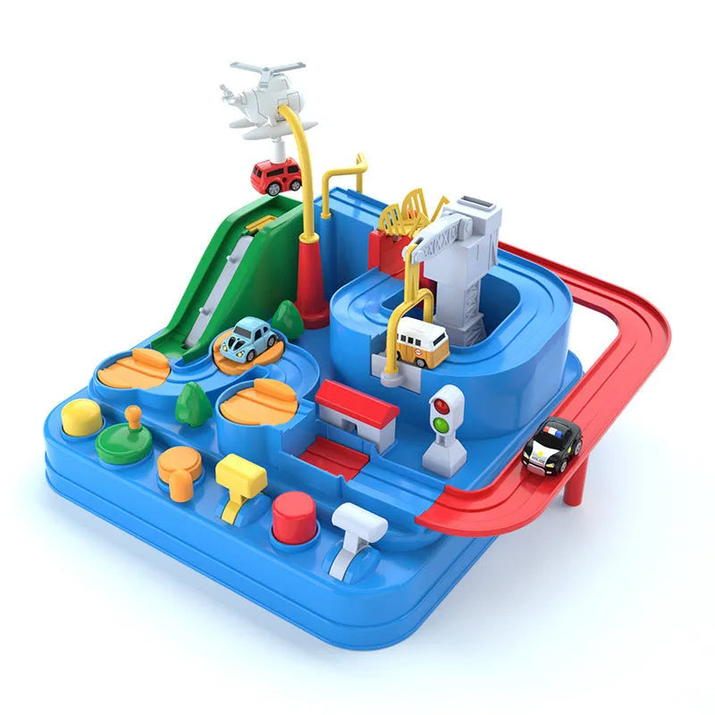 Big Adventure plastic toy set with multi-level parking garage, car tracks, and toy vehicles laid out for play.